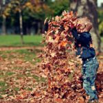 boy playing with fall leaves outdoors